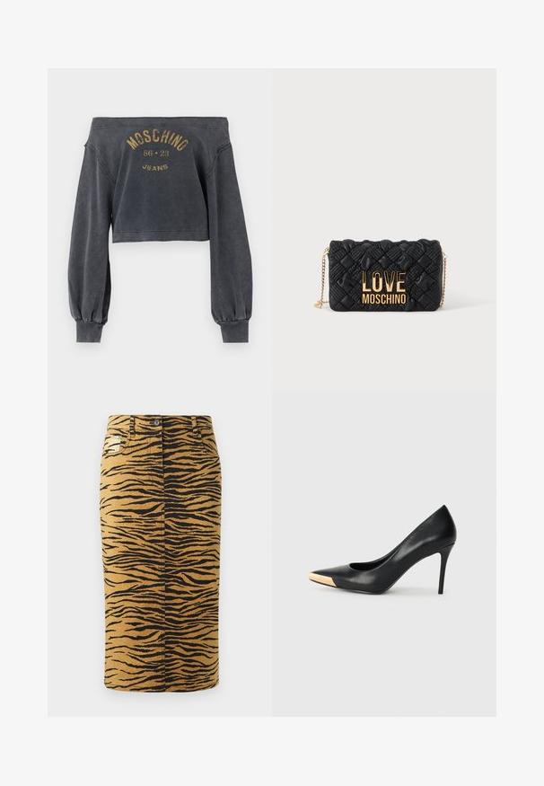 Tumehall toonitud õlgadeta lühike dressipluus pikkade varrukatega, mille esiküljel on kuldse tuhmunud värviga trükitud tekst "Moschino 86 23 Jeans".; Tiigri triibuline seelik, millel on kuldne taust ja mustad mustrid. Valmistatud denimist, sirge lõikega ja sisaldab taskuid.; Mustmust suured mõõgapead; pöidla kurgus on metallist kullatooni aktsent. Sile pind ja peen disain.; Must quiltitud õlakott kuldse kettaga ja suur kuldne „LOVE MOSCHINO“ logo ees.