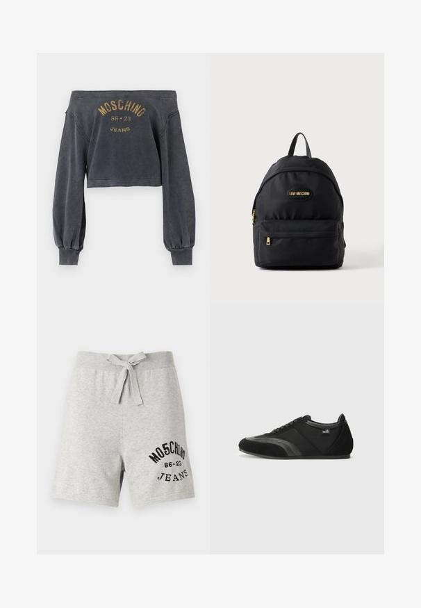 Off-shoulder cropped mørkegrå sweatshirt med lange ærmer og "Moschino 86 23 Jeans" trykt i falmet guld på fronten.; Grå bomulds shorts med snoretræk i taljen, med et trykt sort logo på venstre ben. Afslappet design, knælang, blød tekstur.; Sorte atletiksko lavet af ruskind og tekstil, med lav profil, snøredesign, tekstureret overflade og diskrete sideaccenter.; Sort Moschino rygsæk med gyldne lynlåse og logo, en frontlomme og et topgreb mod en ensfarvet lys baggrund.