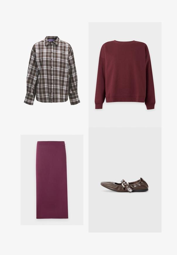 Bordeaux-rød sweatshirt med lange ærmer og ribbet manchet og kant på en ensfarvet lys baggrund.; Brun og hvid ternet skjorte med krave, lange ærmer og knaplåsning foran. Har et tjekkermønster med varierende stripebredder og tekstur.; En ensfarvet blyantskørt i blommefarve med en lige pasform og midilengde, vist fladt mod en hvid baggrund.; Brun lakeret flad sko med spids tå, elastisk sløjfedetalje og en sølvspændeaccent på siden. Sort gummisål.