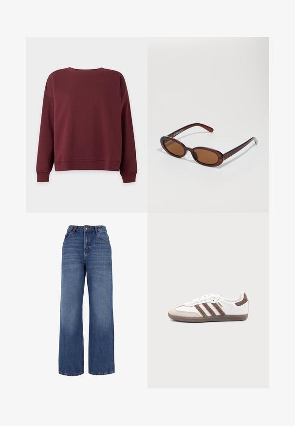 Bordeaux-rød sweatshirt med lange ærmer og ribbet manchet og kant på en ensfarvet lys baggrund.; Breddebenet denim jeans lavet af medium-vægt blå bomuldsstof. Har klassisk fem-lomme design og en lynlås med knaplukning.; Hvid Adidas Samba sneaker med brune ruskindstriber, brun gummisål og beige ruskindståhætte, vist fra ydersiden på en ensfarvet baggrund.; Runde, bruntonede solbriller med en glansfuld bordeauxramme. Slanke arme med diskret brandingdetalje. Flad linsedesign.