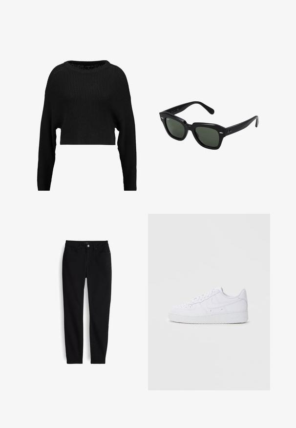 Schwarzer, kurzer Strickpullover mit lockerer Passform, weitem Ausschnitt und langen Ärmeln, der ein strukturiertes Rippmuster aufweist.; Schwarze Slim-Fit-Jeans mit Knopf- und Reißverschluss vorne, fünf Taschen und Gürtelschlaufen, flach auf weißem Hintergrund ausgebreitet.; Weiße Nike Air Force 1 Sneaker mit Obermaterial aus Leder, runder Zehenpartie, schnürbarer Verschluss, gepolsterter Kragen und strukturiertem Gummisohle.; Schwarze quadratische Sonnenbrillen mit dunkelgrünen Gläsern, ausgestattet mit markanten Rahmen und silbernen Akzenten an den Seiten. Hergestellt in Italien.