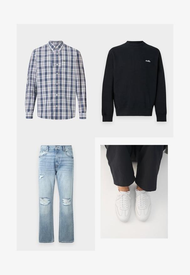 Must musta pika varrukaga pusa, millel on vasakul rinnal väike valge "ellesse" logo, soonikkoes mansetid, kaelus ja alläär.; Sinine ja valge ruuduline pluus, millel on klassikaline krae, pikad varrukad ja rinnal väike tikand.; Heledad sinine teksariie, millel on rebenenud kohad nii põlvedel kui ka ülemises vasakus reies ning klassikaline viie tasku stiil.; Valged nahast tossud, millel on sile tekstuur, ümar varvas ja klassikaline nöörimis süsteem, paiknevad tumedate, vabalt istuvate pükste kohal.