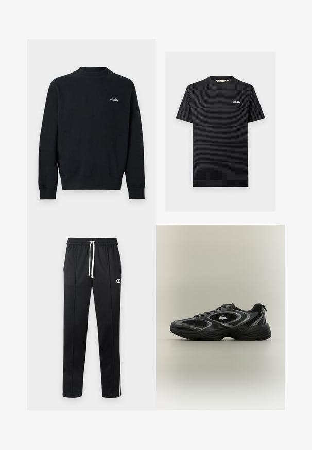 Sort langærmet crewneck-sweatshirt med lille hvidt "ellesse"-logo på venstre bryst, ribkant ved ærmer, halsudskæring og kant.; Sort og mørkegrå t-shirt med korte ærmer og vandrette striber, lille hvid Ellesse-logo på venstre bryst og rund halsudskæring.; Sorte atletiske bukser med hvid snor, sidelister, frontlommer og et lille hvidt Champion-logo på venstre lår.; Sort og grå atletisk sneaker med mesh-paneler, snørebåndsdesign, tyk sål og et lille krokodillelogo på siden.