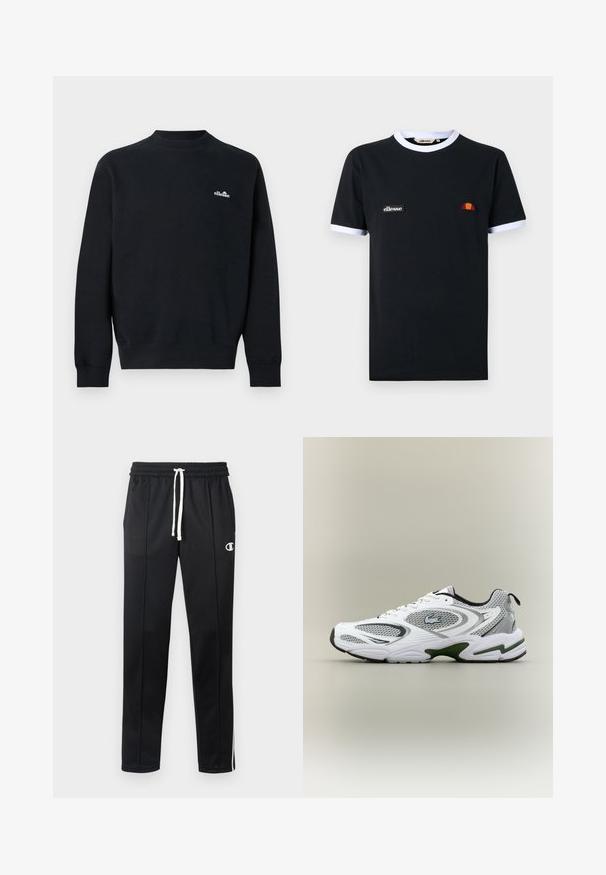Zwarte sweatshirt met lange mouwen en ronde hals, met een klein wit "ellesse"-logo op de linkerborst, geribbelde manchetten, halslijn en zoom.; Zwart T-shirt met korte mouwen met witte bies aan de kraag en mouwen, met een klein "ellesse" logo-label en een halfcirkelvormig oranje en rood embleem.; Zwarte sportbroek met witte trekkoord, zijstrepen, voorzakken en een klein wit Champion-logo op de linkerdij.; Witte en grijze sportieve hardloopschoen met meshpanelen, groene accenten, zwarte details en een logo aan de zijkant, getoond vanaf de buitenkant.