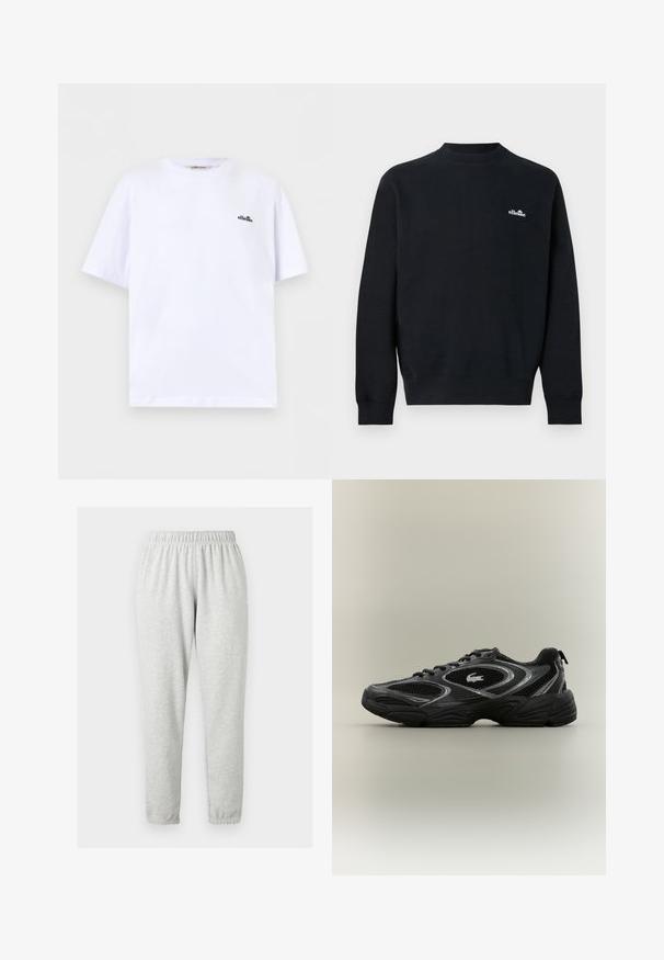 Sweat-shirt noir à manches longues avec col ras du cou, petit logo blanc "ellesse" sur le côté gauche de la poitrine, poignets, encolure et ourlet côtelés.; T-shirt blanc à manches courtes avec col rond, petit logo ellesse noir sur le côté gauche de la poitrine, sur un fond uni.; Pantalon de survêtement gris clair, longueur intégrale, avec taille élastique et poignets aux chevilles, présenté sur un fond clair uni.; Baskets de sport noires et grises avec des panneaux en mesh, un design à lacets, une semelle épaisse et un petit logo de crocodile sur le côté.