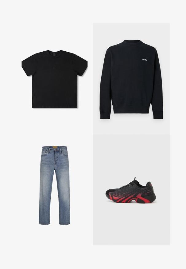 Schwarzes Sweatshirt mit langem Arm und Rundhalsausschnitt, mit kleinem weißem "ellesse"-Logo auf der linken Brust, gerippte Bündchen, Ausschnitt und Saum.; Schwarzes Kurzarm-T-Shirt aus Baumwolle mit Rundhalsausschnitt, ausgestattet mit einem dezenten Logo in der Mitte und einem entspannten Schnitt.; Himmelblaue Gerade-Jeans aus Denim mit einer gewaschenen Optik, fünf Taschen, Gürtelschlaufen und einem Reißverschluss mit Knopfverschluss.; Schwarz-rotfarbener Sportschuh mit strukturiertem Obermaterial und Musterdetails, Schnürverschluss und dicker Gummisohle.