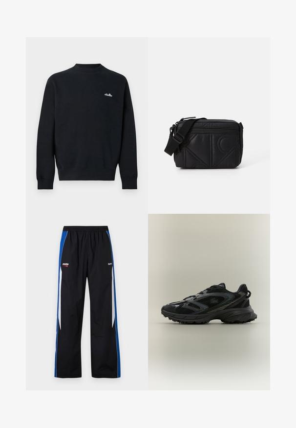 Schwarzes Sweatshirt mit langem Arm und Rundhalsausschnitt, mit kleinem weißem "ellesse"-Logo auf der linken Brust, gerippte Bündchen, Ausschnitt und Saum.; Schwarze Trainingshose mit blauen und weißen Streifen an den Seiten, elastischem Bund sowie kleinen weißen und roten "moto"- und "bare"-Logos auf der Vorderseite.; Schwarzer Sportschuh mit Netz панели, einer strukturierten Sohle, Schnürsenkeln und einer geschwungenen Silhouette mit silbernen Akzenten an den Seiten.; Schwarze, gesteppten Umhängetasche mit geometrischem Muster, ausgestattet mit einem Reißverschluss und einem verstellbaren Tragegurt für mehr Komfort.