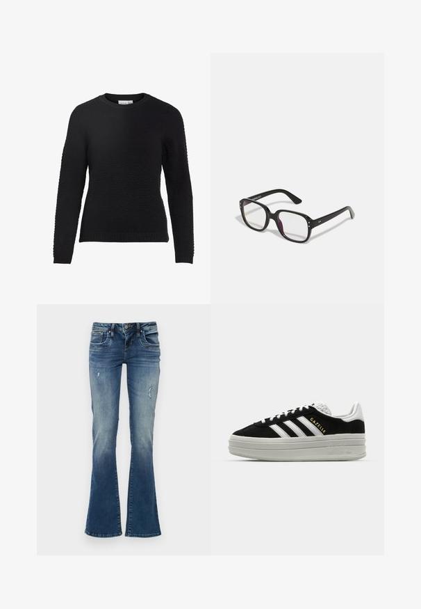 Sort strikket sweater med et tekstureret mønster, rund halsudskæring og ribbede manchetter og kant. Lange ærmer og en tætsiddende design.; Denim jeans med flair i mellemblå med udskudte områder og slidte detaljer. Har fem lommer og lynlås med knaplukning.; Sort ruskind sneaker med hvide læderdetaljer, tre hvide striber, flade snørebånd og en tyk grå platformsål. Guldfarvet "Gazelle" branding.; Sorte rektangulære briller med klare linser, der har afrundede kanter og sideaccenter, med en blank finish på stellet og arme.