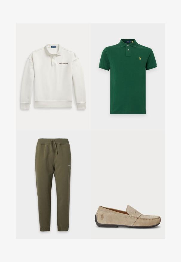 Langærmet hvid Polo Ralph Lauren skjorte med krave, to-knaps lukning, ribstrikkede manchetter og kant samt mærkelogo på venstre bryst.; Mørkegrøn polo-shirt med korte ærmer, to knapper og et lille gult broderet logo på venstre bryst.; Joggingbukser i olivengrøn med elastik i taljen og ved anklerne, snøre og lille hvidt logo på øvre lår.; Beige ruskindsloafers med syninger, flad gummisål og et lille logo på siden. Klassisk slip-on design, blød tekstur.