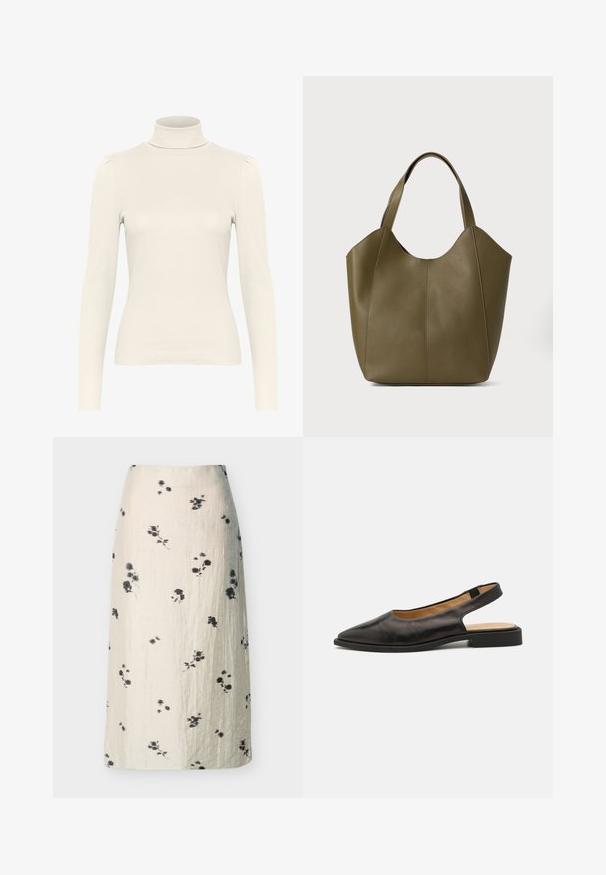 Lys beige langærmet turtleneck top med ribbet tekstur og samlet skuldersøm, der har en tætsiddende silhuet og blødt stof.; Mellem-lang nederdel i cremefarve med sort blomstertryk og subtilt tekstureret stof, lige snit, uden synlige lukninger eller lommer.; Sorte læderslingback-sko med spids tå, lav hæl og åben bag. Forskønnede med en glat tekstur og minimalistisk design.; Oliven grøn læder tote taske med dobbelte håndtag, glat tekstur og fire panel design. Forstærket syning langs sømmene for holdbarhed.