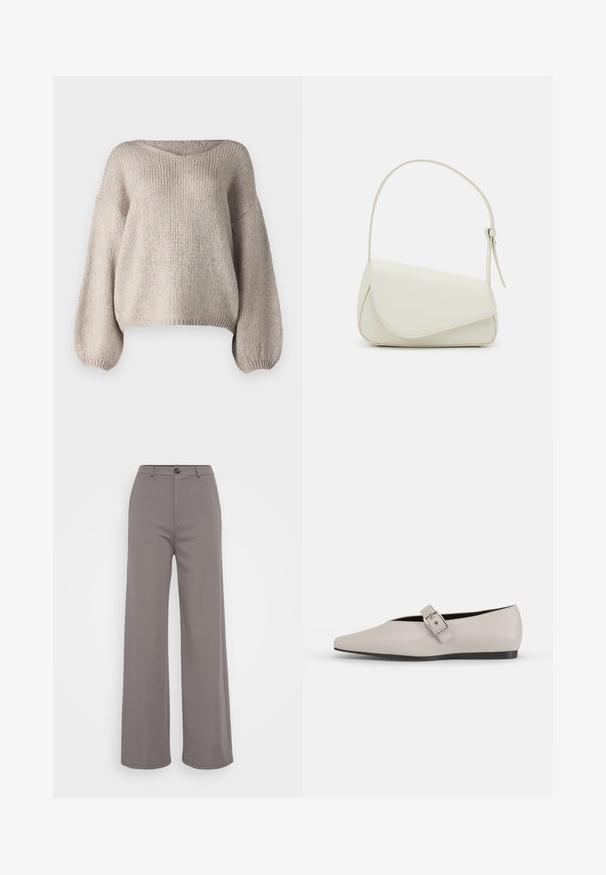Beige strikket sweater med bred V-udskæring, lange ballonærmer og en cropped kant. Teksturen er chunky og blød, med et enkelt design.; Bredde bukser i et blødt gråt stof. Har en knaplukning og rene sømme. Glat tekstur uden synlige mønstre eller udsmykninger.; Beige læder flad sko med spidse tæer, en sidelukning som accent og en lav sort sål. Glat tekstur og minimalistisk design.; Hvid taske i faux læder med en struktureret trekantet form, enkelt justerbart skulderstrop og en flaplås med kurver.