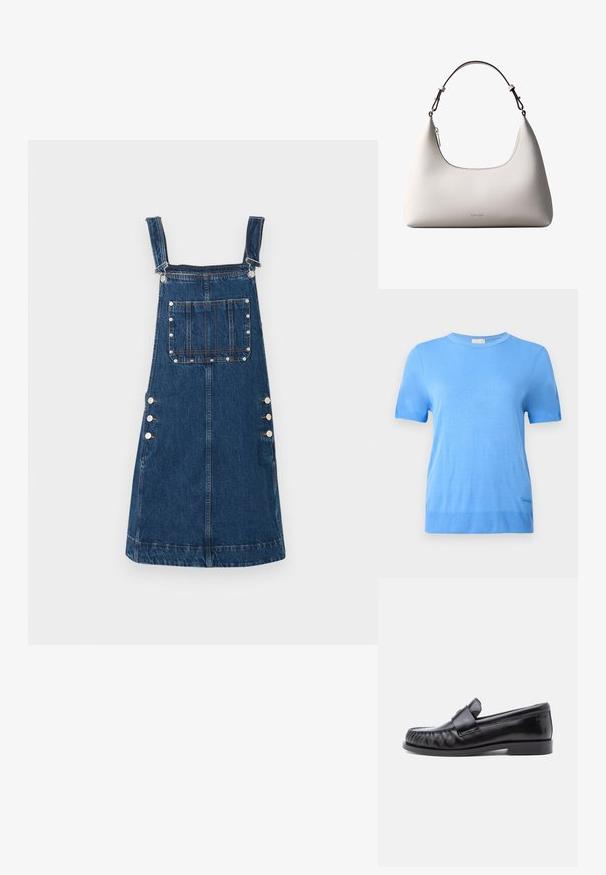 Calvin Klein Trui - blue twilight; Denim jurk met bretels in donkerblauw, met verstelbare banden, een voorzak en zijknopen voor het vastmaken. Glad materiaal en casual ontwerp.; Zwarte leren loafers met een afgeronde neus, kenmerkende stiksels en een decoratieve band over de wreef. Gladde afwerking en lage hak.; Romige Calvin Klein leren schoudertas met gebogen bovenrand, zilveren rits en donkerbruine verstelbare riem.