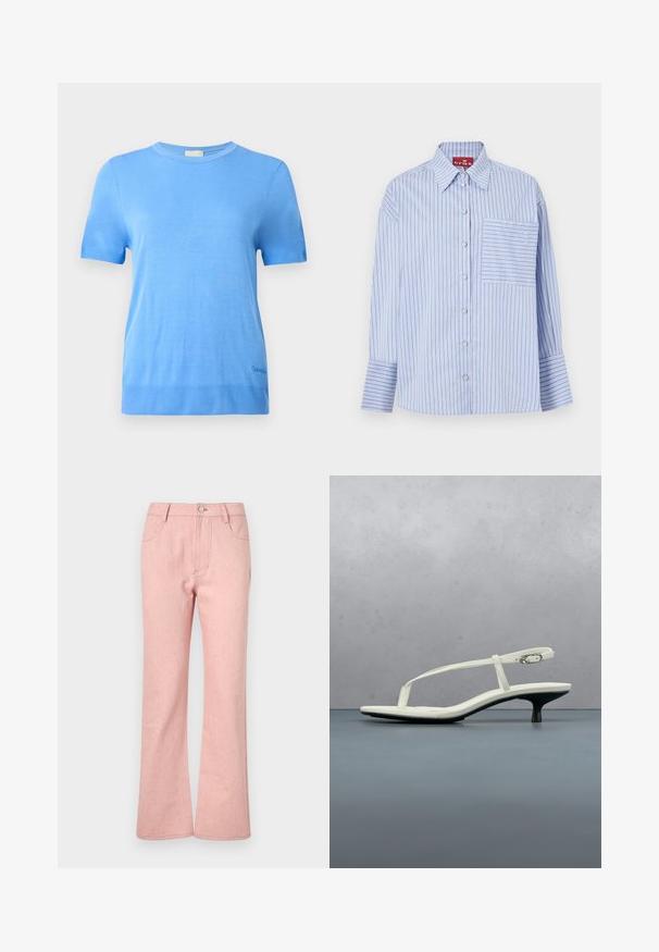 Calvin Klein Trui - blue twilight; Blauw-wit gestreept shirt met een kraag, lange mouwen, knopen aan de voorkant en een linkse borstzak met overeenkomende strepen.; Roze denim flared broeken met vijf zakken, een knoopsluiting en een textuurstof die subtiele multikleurige spikkels bevat.; Witte sandaal met smalle bandjes en kitten heel, met een spitse neus, zwevend boven een houten tegelvloer buiten, met op de achtergrond een wazige plant en muur.