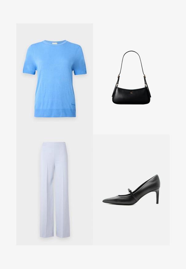 Calvin Klein Neule - blue twilight; Vaaleansiniset, leveälahkeiset housut, jotka on valmistettu pehmeästä kankaasta. Niissä on korkea vyötärö ja etupuolella poimut, jotka lisäävät rakennetta.; Musta nahkainen kärkikärkinen korkokenkä, jossa on ohut remmi ja solki jalkapöydän yli, seisoo vaalealla neutraalilla taustalla.; Musta nahkainen pieni olkalaukku ohuella hihnalla ja pienellä kullanvärisellä CK-logolla etuosan keskellä.