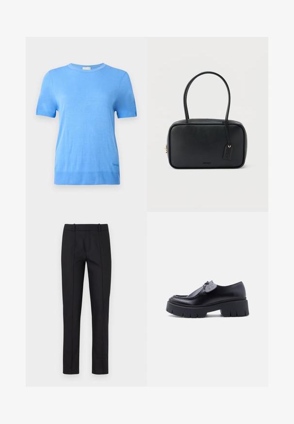 Calvin Klein Jersey de punto - blue twilight; Pantalones negros ajustados con corte slim, parte delantera plana y dos bolsillos traseros. Confeccionados con un tejido suave y un detalle de costura sutil a lo largo de las costuras.; Mocasín grueso negro con plataforma y suela gruesa con dibujo, con etiqueta decorativa en el cordón, mostrado de perfil sobre fondo blanco.; Bolso rectangular negro con asas dobles redondeadas, cremallera dorada y logo "HUGO" en relieve en el frente con etiqueta de cuero adjunta.
