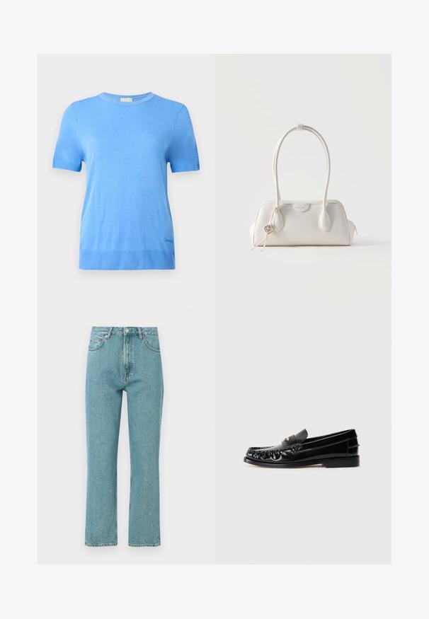 Calvin Klein Strickpullover - blue twilight; Helle blaue, hochgeschnittene Jeans mit geradem Bein. Aus Denim gefertigt, mit Fronttaschen und Knopfverschluss.; Schwarze LederSlipper mit runder Zehenform, dekorativen Nähten und einem kleinen goldenen Akzent auf dem Vorderblatt. Flache Gummisohle, elegantes Design.; Kleine weiße Lederhandtasche mit zwei langen Tragegriffen, silbernem Logoanhänger und Reißverschluss auf jeder Seite, vor einem schlichten weißen Hintergrund.
