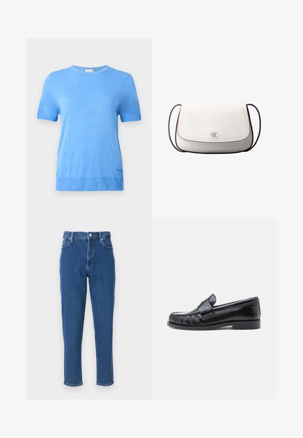 Calvin Klein Džemper - blue twilight; Sinine teksapükste mudel, mis sisaldab kõrget vööd, tõmblukkude sulgemist, viit taskut, sirget jalga ning peent pleekinud tekstuuri, lõpuks puhta ääristusega.; Mustad nahast loafers musta värvi, ümarate varvastega, eristuva õmblusega ja dekoratiivse rihmaga vampi üle. Sile viimistlus ja madal konts.; Valge risti kehakott klapi sulgemisega, keskel väike hõbedane "cK" logo ning õhuke tumepruun reguleeritav rihm.