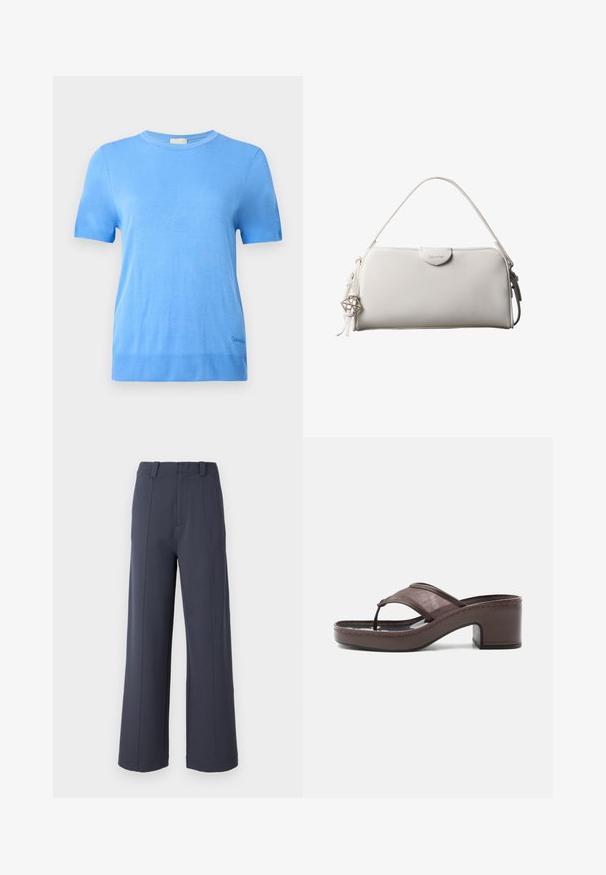 Calvin Klein Striktrøje - blue twilight; Bredde bukser i mørkegrå stof. Funktionen inkluderer en høj talje, frontplisseringer og en glat tekstur med bæltestropper.; Brun sandal med hæl med mesh-rem og tæst design, med blokhæl og syet sål, vist i profil mod hvid baggrund.; Hvid rektangulær Calvin Klein håndtaske med enkelt håndtag, minimalistisk design og dekorative kvaster med geometrisk metalvedhæng på siden.