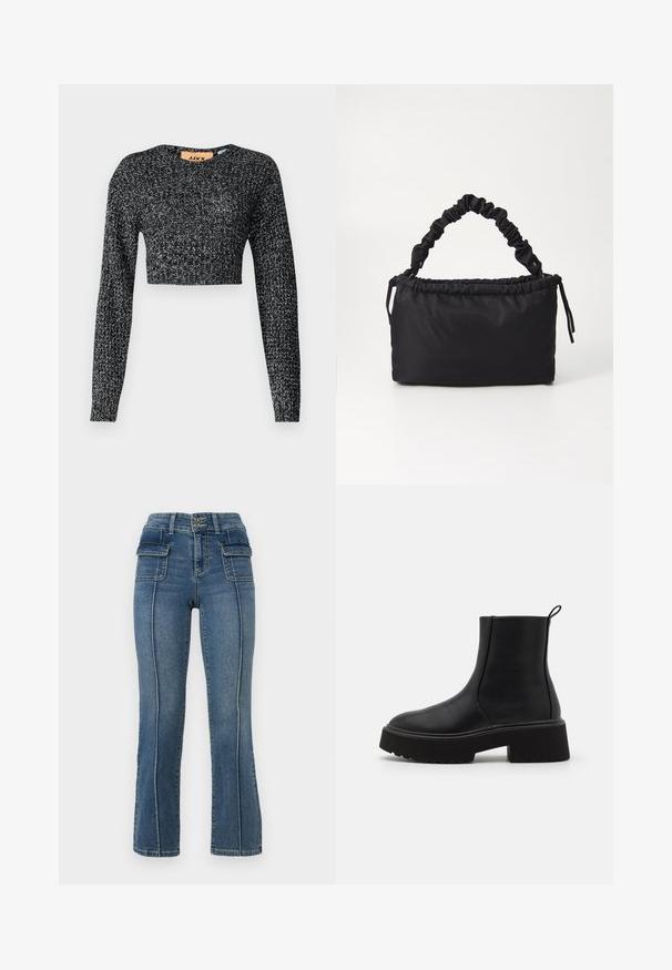JJXX JXCAMILLA - Striktrøje - black; ONLY Petite ONLWAUW MID WAIST FLARED - Flared jeans - medium blue denim; Sorte læder ankelstøvler med en kraftig platåsål og let hæl, der har en lynlås på siden og en strop bagpå.; Sort taske lavet af blødt, glat stof. Har et sammensnoet håndtag og en snørrelukning, med en rektangulær form og ingen synlig hardware.