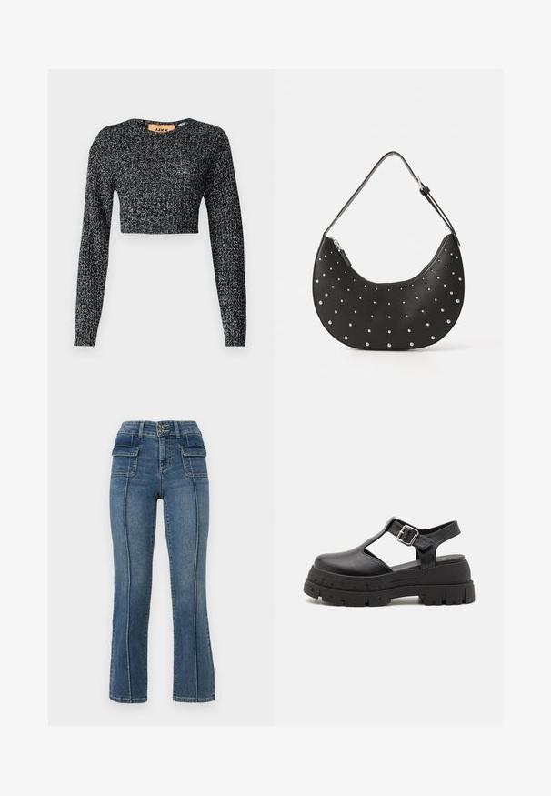 JJXX JXCAMILLA - Trui - black; ONLY Petite ONLWAUW MID WAIST FLARED - Flared Jeans - medium blue denim; Zwarte platform sandalen van glad synthetisch materiaal, met een open teen, uitsnijdingen, verstelbare gesp en een dikke, gestructureerde zool.; Zwarte leren handtas met een gebogen vorm, versierd met zilveren studs, voorzien van een ritssluiting en een enkele verstelbare schouderband.
