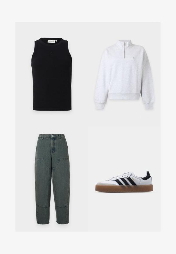 Sweat-shirt gris clair à manches longues avec demi-fermeture éclair et col montant, poignets et ourlet côtelés, design uni avec petit logo sur la poitrine.; Débardeur noir sans manches en tissu côtelé, avec un col rond et un petit logo à l'avant. Design simple et ajusté.; Pantalons en denim bleu foncé avec une coupe décontractée, comprenant des poches latérales et des coutures contrastées. Le tissu a une texture légèrement délavée.; Baskets en cuir blanc avec des rayures noires, semelle extérieure en caoutchouc beige, bout rond, fermeture lacée et embout en suède gris doux.