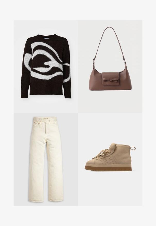 Bruine en witte gebreide trui met een patroon, gemaakt van zachte stof, met een ronde halslijn en lange mouwen met een vloeibaar, abstract ontwerp.; Wijde jeans van off-white denim, met een hoge taille, koperen klinknagels en een klassiek ontwerp met vijf zakken. Gestructureerde stof met nette zomen.; Beige suède high-top sneakers met een dikke rubberen zool, voorzien van een opvouwbare tong, ronde neus en decoratieve veters.; Bruine leren schoudertas met een voorvak met klep en een gestikte strikdetail en een verstelbare band.