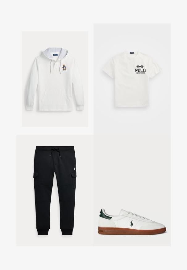 Hvid hættetrøje med stribet inderhætte, frontlomme og broderet bjørn iført blå blazer, der sidder i en stol, med teksten "POLO" nedenunder.; Hvid bomulds T-shirt med rund hals, med et sort "Polo Motorsport" logo og krydsede ternede flag på venstre bryst.; Sorte cargo joggebukser med snøre i taljen, sidelommer med klap, ribkantsmanchetter og lille hvid polo spiller logo på højre lår.; Hvide lædersneakers med grøn hælaccent, tekstureret ruskindspanel, gummisål og broderet logo på siden. Har snørebåndsdesign.