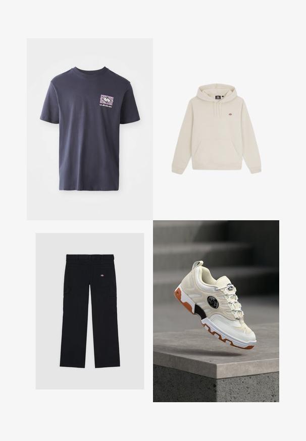 Hættepullover i off-white, lavet af blødt stof. Har en front kangaroo lomme og et lille logo på brystet.; Marineblå bomulds t-shirt med rund hals og korte ærmer. Har et geometrisk grafisk print i lilla og hvid på venstre bryst.; Sorte cargo-bukser lavet af bomuld, med flere lommer, en glat tekstur og et logo-patch på den højre baglomme.; Beige sneaker med hvid og orange sål, sort logo på siden, hvide snørebånd, vist svævende over en betonoverflade.