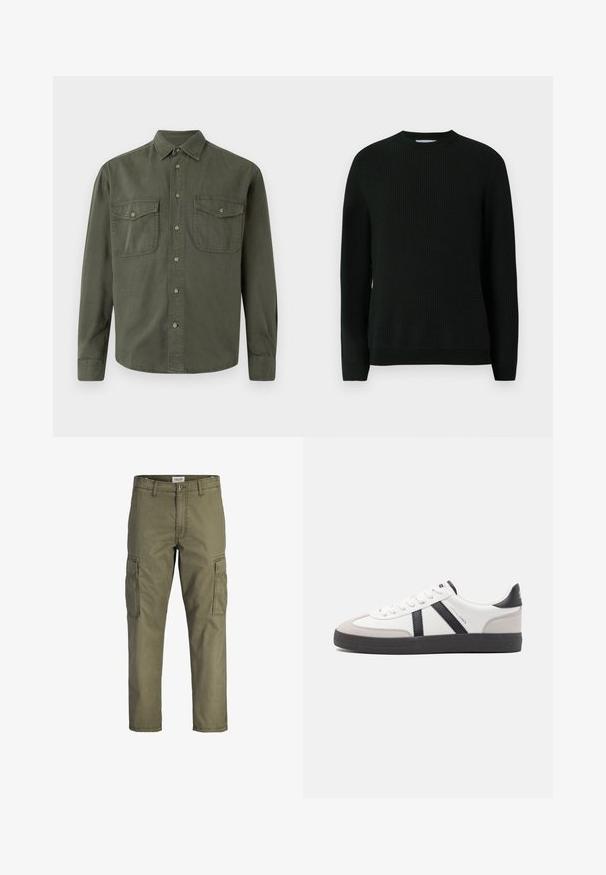 Suéter negro de punto, cuello redondo, tejido texturizado, mangas largas, puños y dobladillo acanalados, diseño minimalista, sin patrones o detalles adicionales.; Camisa de manga larga color caqui hecha de algodón. Presenta un cierre de botones en la parte delantera, dos bolsillos en el pecho con solapas y un cuello clásico. Diseño sencillo.; Pantalones cargo verde oliva hechos de tela de algodón, con bolsillos laterales, corte recto y una cinturilla con cierre de botón.; Zapatilla blanca con acentos en negro y gris, que presenta una puntera texturizada en gris, suela de goma negra y cordones planos blancos. Diseño limpio, estilo minimalista.