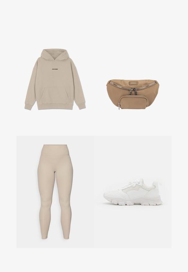 Pegador CLARITA LOGO OVERSIZED HOODIE - Jersey con capucha - washed cozy beige black; Mallas de cintura alta en color beige con textura acanalada, con una cinturilla suave y piernas ajustadas, diseñadas para comodidad y flexibilidad.; NA-KD Zapatillas - white; Riñonera de tela beige con dos compartimentos con cremallera y tiradores de cremallera plateados, con una pequeña etiqueta "Bogner" en la parte delantera.