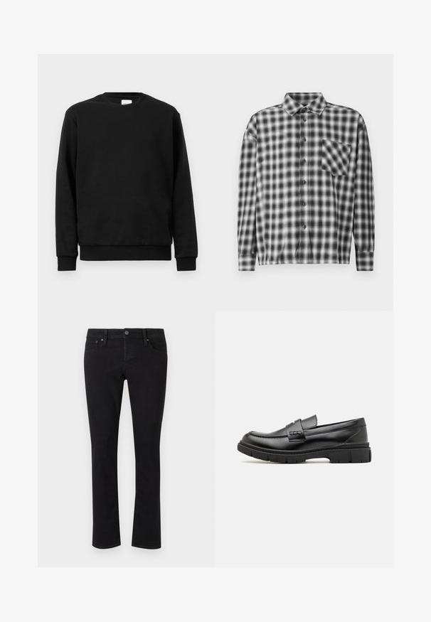 Sort sweatshirt lavet af bomuldsblanding; har rund hals, lange ærmer og ribbede mansjetter og forneden for en tætsiddende pasform.; Sorte og hvide ternede langærmede skjorte i blødt stof, med knaplukning foran og brystlomme. Krave-design med afslappet pasform.; Sorte denimjeans med lige snit, fem-lomme design, metalknaplukning og minimal syning. Glat tekstur hele vejen igennem.; Sort læder loafersko med en bred rem over forfoden, gummisål med tykke mønstre og glat overflade. Klassisk, slankt design.