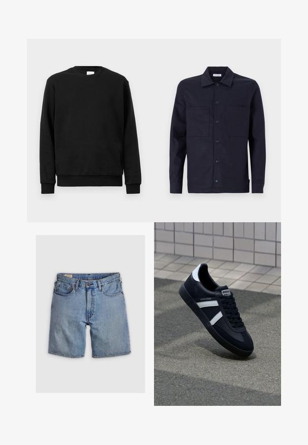Schwarzer Sweatshirt aus Baumwollmischgewebe; verfügt über einen Rundhalsausschnitt, lange Ärmel und gerippte Bündchen sowie einen gerippten Saum für eine enge Passform.; Marineblaues Hemd mit klassischem Kragen, zwei vorderen Taschen, langen Ärmeln und einer glatten Baumwollstruktur.; Denim-Shorts in heller Blauwäsche, mit hoher Taille, fünf Taschen und einem Reißverschluss mit Knopf. Die Nähte sind kontrastierend in Orange.; Schwarze Leder-Sneaker mit weißen Streifen, strukturiertem Gummisohle und Schnürung. Verfügt über ein Markenetikett auf der Zunge.