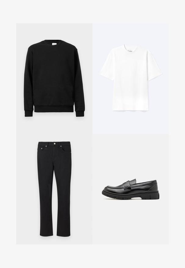 Schwarzer Sweatshirt aus Baumwollmischgewebe; verfügt über einen Rundhalsausschnitt, lange Ärmel und gerippte Bündchen sowie einen gerippten Saum für eine enge Passform.; Schlichtes weißes T-Shirt mit kurzen Ärmeln und Rundhalsausschnitt in entspannter Passform, auf hellem Hintergrund dargestellt.; Schwarze Jeans aus Denim mit geradem Bein-Design, ausgestattet mit fünf Taschen und silbernem Zubehör sowie einer glatten Textur. Keine Muster oder Akzente.; Schwarze Lederloafer mit einem breiten Riemen über dem Rist, Gummisohle mit dicken Profilen und glatter Textur. Klassisches, schlankes Design.