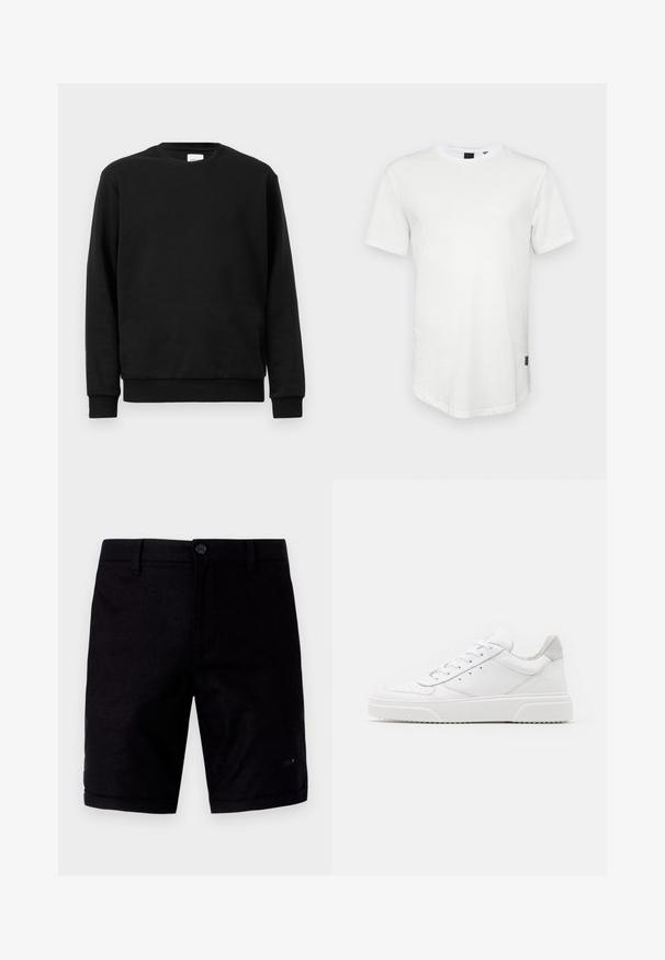 Μαύρη φ sweatshirt κατασκευασμένη από μίγμα βαμβακιού; διαθέτει στρογγυλή λαιμόκοψη, μακριά μανίκια και ριμπ λάστιχα στους καρπούς και στο στρίφωμα για εφαρμογή που αγκαλιάζει.; Λευκή κοντομάνικη μπλούζα φτιαγμένη από βαμβάκι, με στρογγυλή λαιμόκοψη και ελαφρώς μακρύτερη πλάτη, που διαθέτει μια μικρή λογότυπο λεπτομέρεια στο πλάι.; Μαύρες βερμούδες με λεία υφή, διαθέτοντας κουμπί κλεισίματος, παραδοσιακές τσέπες και διπλωμένα μανίκια. Φτιαγμένες από ελαφρύ ύφασμα.; Λευκά δερμάτινα αθλητικά παπούτσια με απλή επιφάνεια, στρογγυλή μύτη, επίπεδα κορδόνια και ανάγλυφη σόλα. Γκρι σουέτ λεπτομέρεια στη φτέρνα.