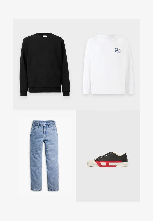 Sort sweatshirt lavet af bomuldsblanding; har rund hals, lange ærmer og ribbede mansjetter og forneden for en tætsiddende pasform.; Hvid langærmet t-shirt lavet af bomuld, med et marineblåt logo på brystet. Rundet halsudskæring og lige kant med lange, komfortable ærmer.; Lyseblå straight-leg denimjeans med forreste knap- og lynlås, bæltestropper og skrå forlommer.; Sort lærredssneaker med røde accenter, gummiklædt tåkap og hvid sål. Har sorte snørebånd og et tekstureret mønster på siden.