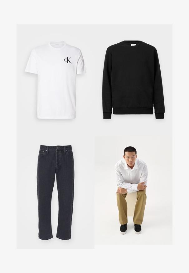 Schwarzer Sweatshirt aus Baumwollmischgewebe; verfügt über einen Rundhalsausschnitt, lange Ärmel und gerippte Bündchen sowie einen gerippten Saum für eine enge Passform.; Weißes Baumwoll-T-Shirt mit kurzen Ärmeln, Rundhalsausschnitt und einem schwarzen "ck"-Logo auf der linken Brust. Einfaches, klassisches Design.; Dunkelgraue Jeans aus Denim mit geradem Schnitt, fünf Taschen und Metallelementen. Verfügt über Kontrastnähte und eine leicht ausgebleichte Textur.; Junger Mann in weiß gestreiftem Hemd und khakifarbener Hose sitzt nach vorne gelehnt auf einem Hocker mit verschränkten Armen und schaut direkt geradeaus vor weißem Hintergrund.