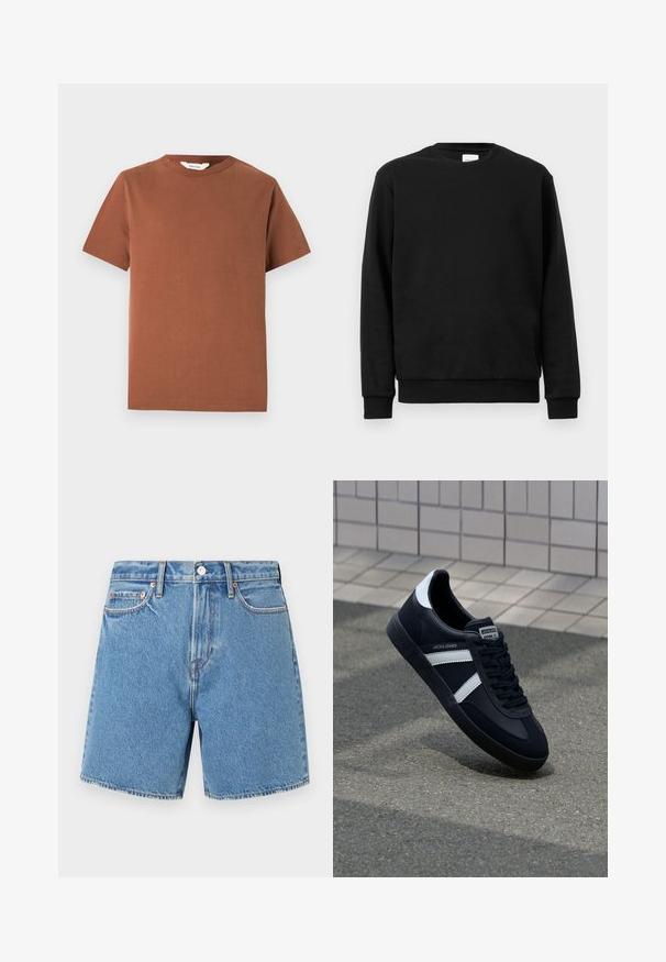 Zwarte sweatshirt gemaakt van een katoenen mixstof; heeft een ronde hals, lange mouwen en ribgebreide manchetten en zoom voor een snug fit.; Bruine T-shirt met korte mouwen en ronde hals, gemaakt van zachte katoen. Het heeft een eenvoudig ontwerp zonder zichtbare patronen of versieringen.; Leren denim shorts in lichtblauw. Doorlopende stof met vijf zakken, een knoopsluiting en subtiele stiksels langs de naden en zakken.; Zwarte leren sneaker met witte strepen, een gestructureerde rubberen zool en vetersluiting aan de voorkant. Voorzien van een merklabel op de tong.