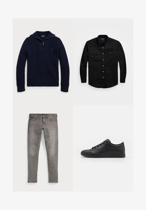 Suéter de punto de color azul marino con cuello de media cremallera, puños acanalados y un pequeño logotipo bordado en el pecho. Tejido texturizado.; Camisa de botones negra de manga larga en algodón, con un cuello clásico y un logo bordado en rojo en el lado izquierdo del pecho. Presenta botones blancos.; Jeans de mezclilla gris, ajuste slim, con piernas rectas. Presentan un diseño clásico de cinco bolsillos, detalles de costura y una ligera textura descolorida.; Zapatilla de cuero negro con textura suave, puntera redonda, suela de goma plana y acentos de logo en contraste en el lateral y el talón.