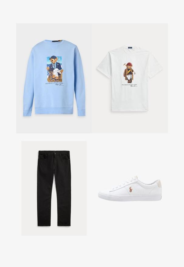 Lyseblå sweatshirt med et billede af en bjørn iført en navy kasket, stribet skjorte, blazer og hvide bukser, siddende på en stol på et båddæk.; Hvid T-shirt med korte ærmer med en bjørn, der bærer en rød hjelm, brun jakke, hvide bukser og holder en polokølle.; Sorte denim jeans med lige ben, fem-lomme design og subtil tekstur. Metalknap og lynlås lukning.; Hvide kanvas sneakers med lågtop design, prydet med en beige hælkappe og et lille broderet logo på siden. Gummisål.