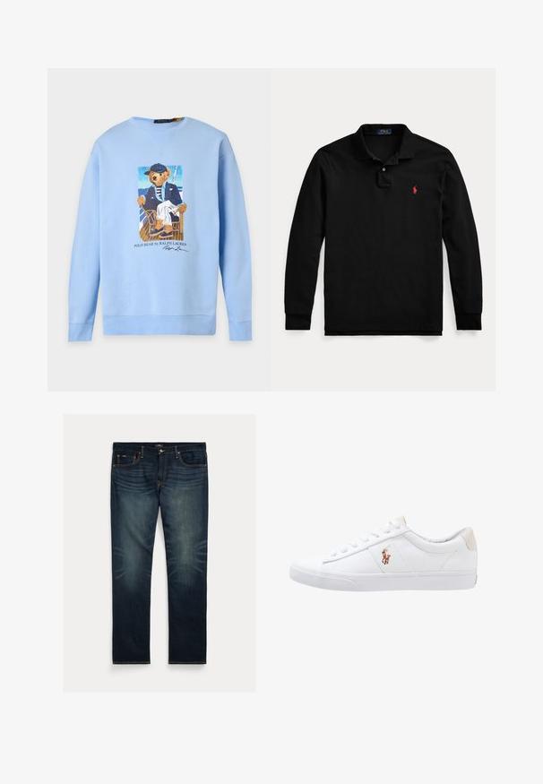 Lyseblå sweatshirt med et billede af en bjørn iført en navy kasket, stribet skjorte, blazer og hvide bukser, siddende på en stol på et båddæk.; Sort langærmet polo skjorte med krave, to knapper og lille rødt broderet logo på venstre bryst.; Mørkeblå denimjeans med lige ben, subtil falmning nær knæene og orange syninger på lommer og sømme.; Hvide kanvas sneakers med lågtop design, prydet med en beige hælkappe og et lille broderet logo på siden. Gummisål.