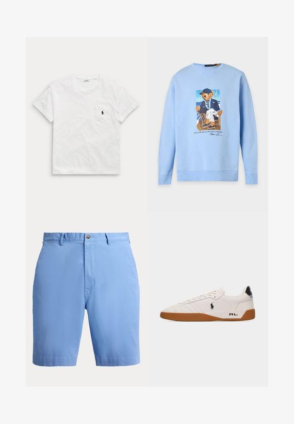 Lyseblå sweatshirt med et billede af en bjørn iført en navy kasket, stribet skjorte, blazer og hvide bukser, siddende på en stol på et båddæk.; Hvid t-shirt med korte ærmer og rund hals med en brystlomme, der har en lille mørk polo-spiller-logo.; Lyseblå herreshorts med bæltestropper, knaplukning og synlige forlommer set forfra.; Hvid lav sneakers med brun gummisål, sort Polo Ralph Lauren-logo på siden og "RL" tekst på hælområdet.