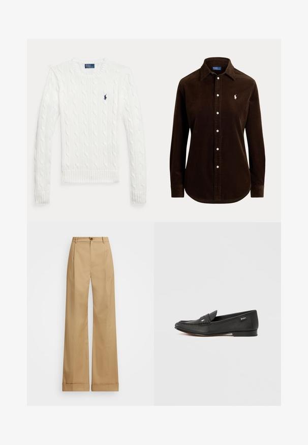 Hvid kabelstrikket trøje med lange ærmer, rund halsudskæring og en lille mørkeblå Polo Ralph Lauren-logo på venstre bryst.; Mørkebrun fløjls-skjorte med lange ærmer, knapper foran, krave og lille hvid broderet logo på venstre bryst.; Beige bredde benbukser med knaplukning, der har en glat tekstur og pressede folder. Krummede nederkanter for ekstra detaljer.; Sort læderloafer med tekstureret finish, penny keeper-detalje, slank profil, diskret branding på siden og lav, flad hæl.