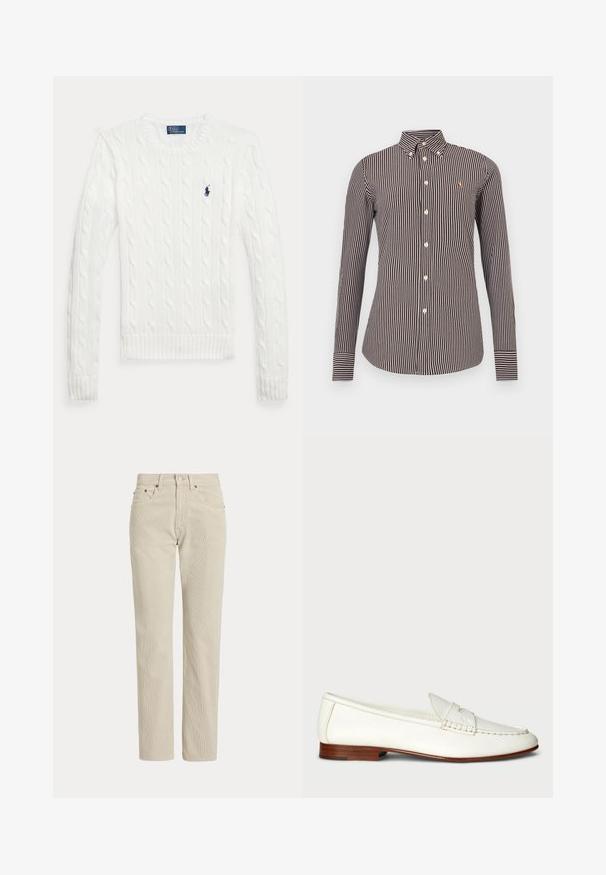 Pull blanc à manches longues en maille torsadée avec col rond et petit logo Polo Ralph Lauren bleu marine sur le côté gauche de la poitrine.; Chemise à manches longues rayée marron et crème avec un col boutonné, dotée d'un petit logo et de rayures contrastantes sur les poignets.; Pantalon en velours côtelé beige droit avec passants de ceinture, bouton à l'avant, fermeture éclair et poches avant.; Mocassins blancs en cuir avec une finition texturée, bout arrondi et accent tressé. Talon en bois bas et design minimaliste.