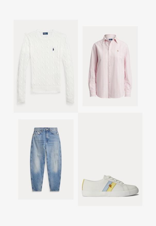 Biely sveter s dlhými rukávmi s vrkočovým vzorom, okrúhlym výstrihom a malým tmavomodrým logom Polo Ralph Lauren na ľavej strane hrudníka.; Košeľa s dlhým rukávom na gombíky svetlo ružovej farby s bielymi a modrými pruhmi, s malým vyšívaným logom na hrudi, vyrobená z bavlnenej tkaniny.; Svetlomodré džínsy s vysokým pásom, mierne vyblednuté a opotrebované pri predných vreckách, päť vrecový štýl a zužujúce sa nohavice.; Biele nízke tenisky s modrými a žltými bočnými pruhmi a malým zlatým logom, s bielymi šnúrkami a textúrovanou gumovou podrážkou.