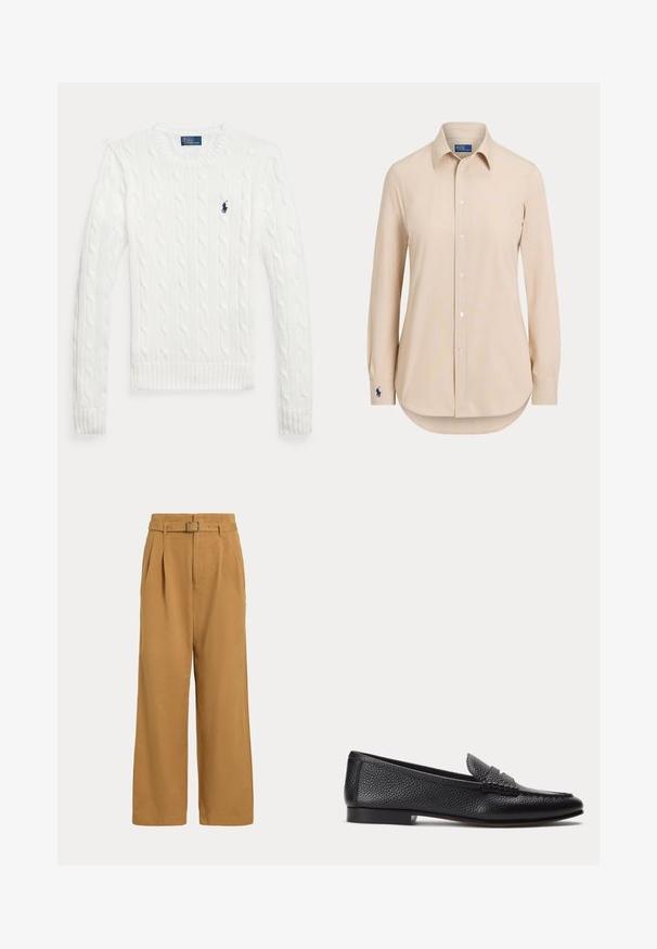 Pull blanc à manches longues en maille torsadée avec col rond et petit logo Polo Ralph Lauren bleu marine sur le côté gauche de la poitrine.; Chemise beige à manches longues avec boutons, col pointu et logo brodé sur le poignet gauche.; Pantalon taille haute à jambes larges couleur beige avec plis devant et ceinture assortie à boucle métallique sur fond uni.; Mocassin en cuir texturé noir avec petit talon et détail classique de bride à pièce, présenté de profil sur un fond clair uni.