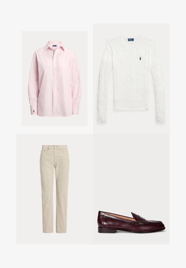 Jersey blanco de punto grueso con mangas largas, cuello redondo y un pequeño logo Polo Ralph Lauren azul marino en el pecho izquierdo.; Camisa rosa claro abotonada hecha de una suave mezcla de algodón, con cuello estándar, mangas largas y un pequeño logo bordado en el puño.; Pantalones de pana beige de corte recto con trabillas para cinturón, botón delantero, cremallera y bolsillos delanteros.; Mocasines de cuero burdeos con un acabado suave, punta redondeada, costuras decorativas y un tacón bajo. El interior tiene un suave forro beige.