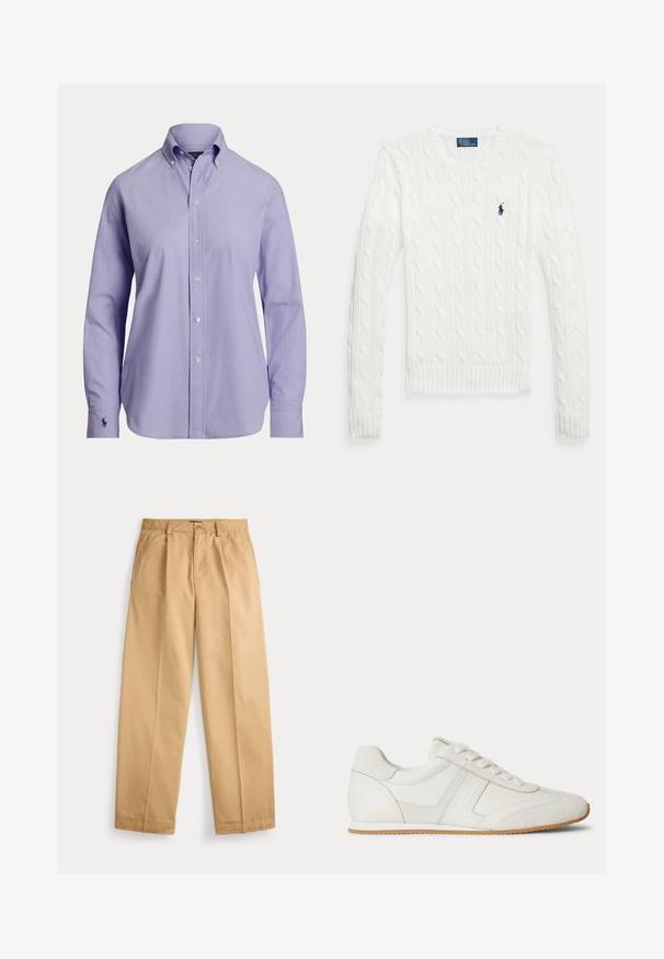 Valge soonikkoes pika varrukaga kampsun ümara kaelusega ja väikese mereväe sinise Polo Ralph Laureni logoga vasakul rinnal.; Meeste helevarrukaline helelilla nööpidega särgi krae ja vasaku varruka all tikitud logoga.; Beežid sirge säärega püksid, millel on nööp- ja luku kinnitused, ees taskud, vööaasad ja triigitud pressitud voldid sääreosa all.; Valge madala säärega toss esikäepäradega, seemisnahast ja nahast paneelidega ning helepruuni kummipõhjaga, valgel taustal.