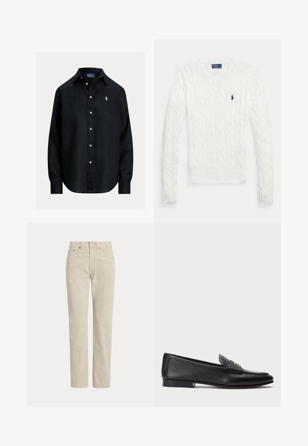Valge soonikkoes pika varrukaga kampsun ümara kaelusega ja väikese mereväe sinise Polo Ralph Laureni logoga vasakul rinnal.; Must pikkade varrukatega triiksärk, nööpidega, kraega, valgete nööbidega ja vasakul rinnal väike valge tikandiga Polo Ralph Lauren logo.; Beežid sirge säärega sametpüksid vööaasade, eesnuppude, lukuga ja ees taskutega.; Must värvi nahast loafer tekstureeritud viimistlusega, dekoratiivse rihmaga ja madala kanna ning sileda, minimalistliku disainiga ümmarguse ninaga.