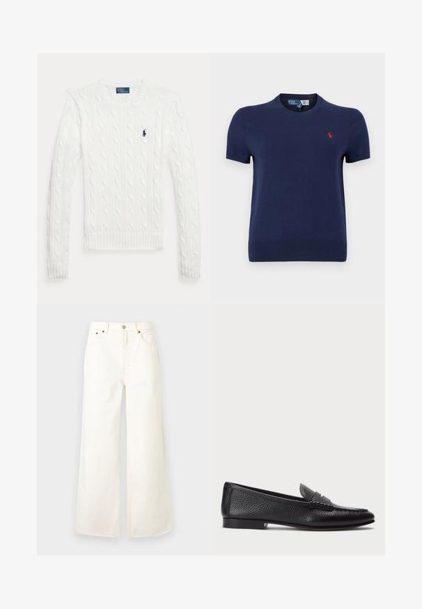 Jersey blanco de punto grueso con mangas largas, cuello redondo y un pequeño logo Polo Ralph Lauren azul marino en el pecho izquierdo.; Camiseta de punto azul marino de manga corta con cuello redondo y un pequeño logo rojo en el pecho izquierdo. Textura suave, ajuste informal.; Vaqueros blancos de tiro alto y pierna ancha con botón y cremallera delanteros, diseño de cinco bolsillos y detalles de remaches de cobre.; Mocasin de cuero negro con acabado texturizado, que cuenta con una correa decorativa y tacón plano. Diseño elegante y minimalista con punta redondeada.
