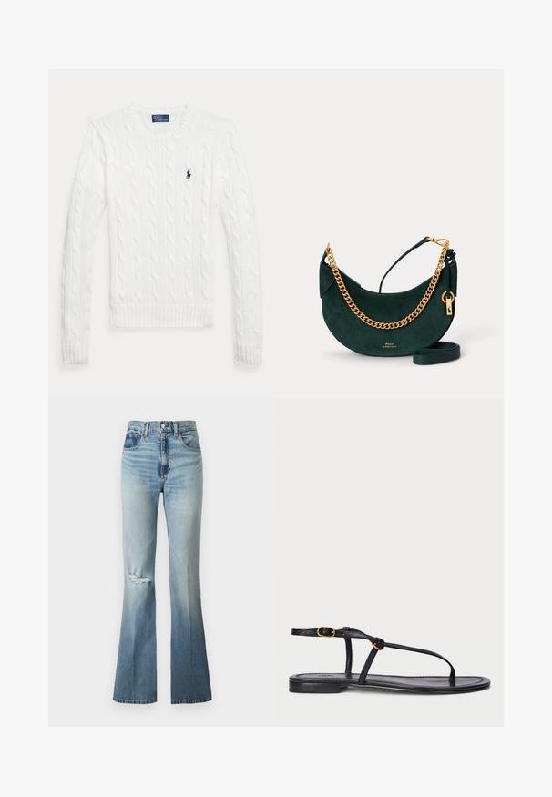Jersey blanco de punto grueso con mangas largas, cuello redondo y un pequeño logo Polo Ralph Lauren azul marino en el pecho izquierdo.; Vaqueros denim azul celeste de tiro alto con ligero desgaste, detalle desgastado en la rodilla izquierda y perneras acampanadas.; Sandalia plana negra con un diseño minimalista. Presenta tiras delgadas, un separador de dedos, acentos de hardware dorado y una suela suave y texturizada.; Bolso de mano de ante verde oscuro en forma de media luna con asa de cadena dorada, correa de cuero para el hombro y pequeño logo dorado de Polo de Ralph Lauren.
